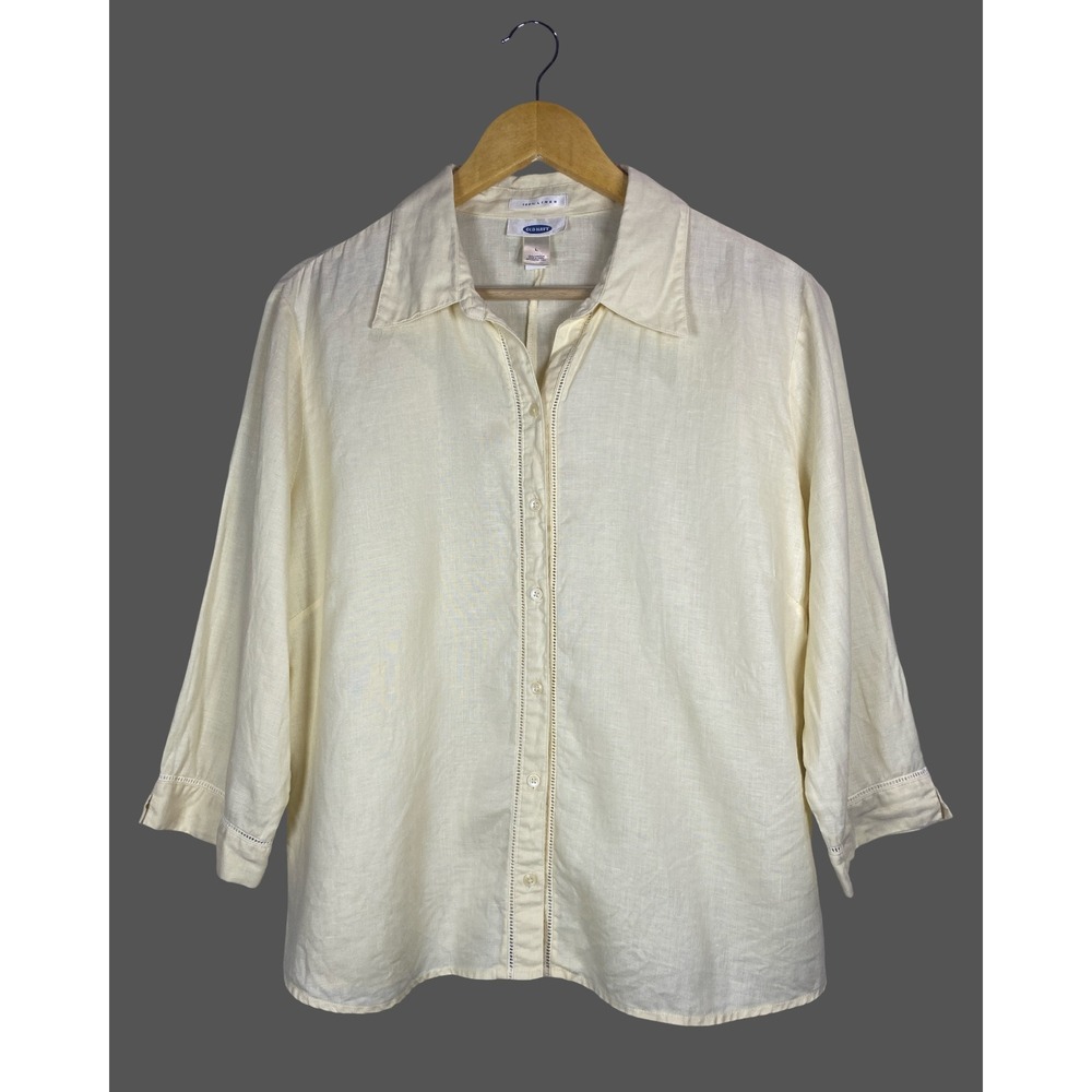 Old Navy Womens Light Yellow 100% Linen Button Up Shirt Lace Trim L Minimalist